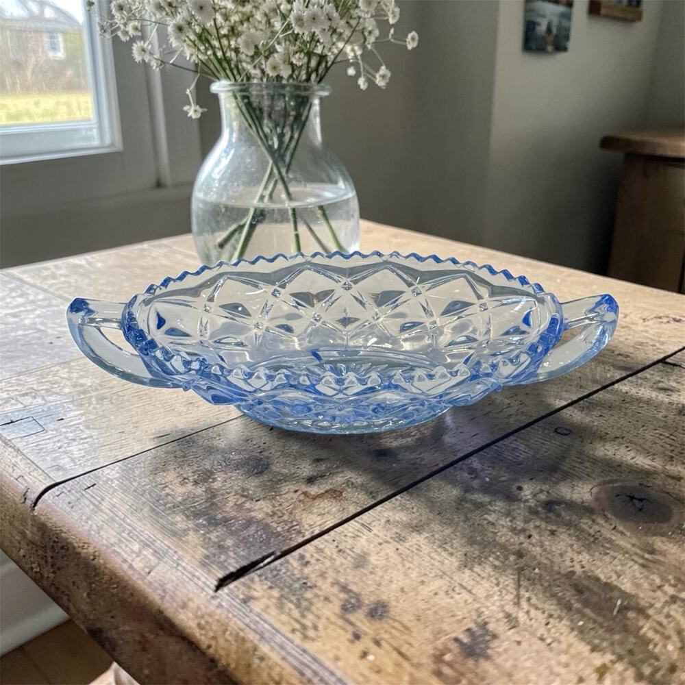 Imperial Glass Little Jewel Blue Handled Dish Diamond Block Depression Glass